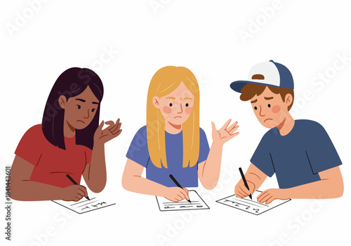 Diverse students struggle with a difficult exam, showing frustration, confusion, and stress during an important academic assessment in school.