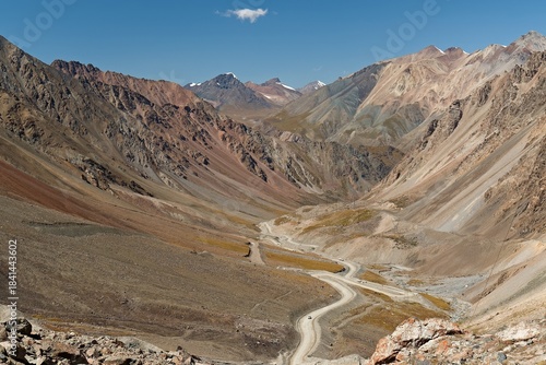View of Barskoon valley in Terskey Ala Too mountain system. Tian Shan mountains. Kyrgyzstan. Asia.