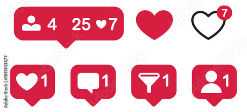 Social media likes and comments vector icon set depicting interaction icons, follower statistics, notification symbols, and digital marketing button designs in modern flat vector style