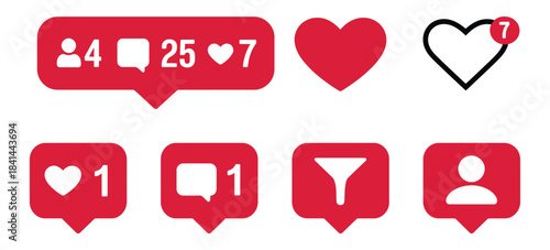 Social media likes and comments vector icon set depicting interaction icons, follower statistics, notification symbols, and digital marketing button designs in modern flat vector style