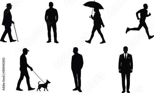 Silhouettes of people walking, running, standing, using cane, walking dog, holding umbrella, wearing suit, urban lifestyle, flat vector illustration