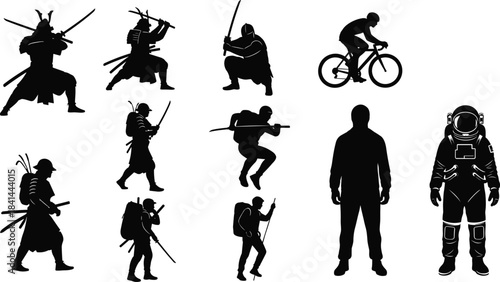 Silhouettes of samurai, ninja, astronaut, cyclist, hiker, action poses, dynamic movement, character diversity, combat stance, flat vector illustration