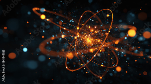 An abstract illustration of an atom with particles orbiting around the nucleus. The image features a vibrant display of energy and movement