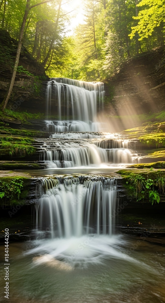 Fototapeta premium Stunning Multi-Tiered Waterfall Cascading Through Lush Green Forest with Sun Rays.
