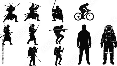 Samurai, astronaut, hiker, biker, silhouette, warrior, sword, action, pose, backpack, helmet, armor, space, trek, crouch, stance, collection, black, human, activity - flat vector illustration