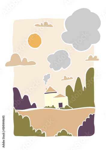 home lanscape panorama posters. Organic shapes matisse style, naive art, contemporary backgrounds. beach and mountains vector illustration