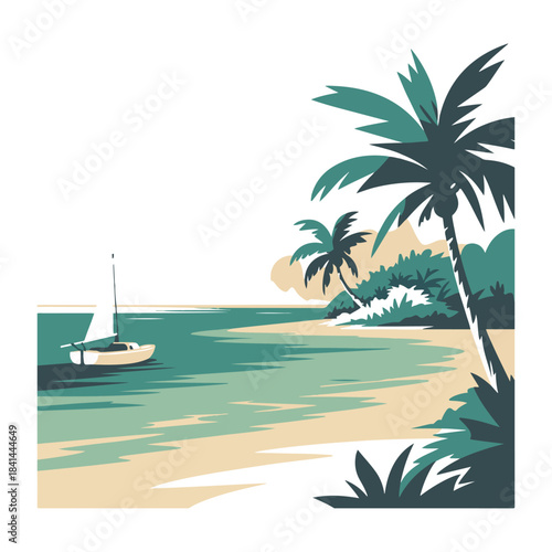 Sailboat on turquoise water near sandy beach with palm trees and mountain ocean.