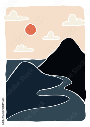 abstract lanscape panorama posters. Organic shapes matisse style, naive art, contemporary backgrounds. beach and mountains vector illustration