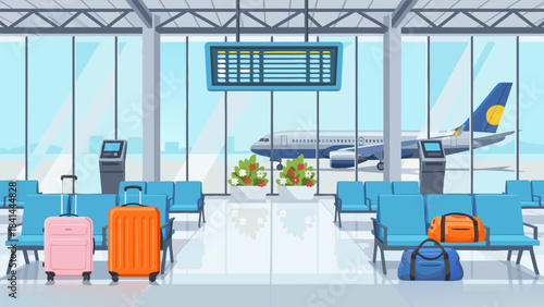 A modern airport waiting lounge with luggage and an airplane visible through large windows, ready for departure.