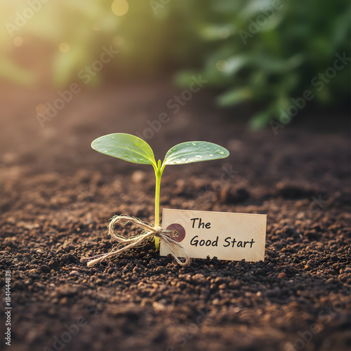 The Good Start: Seedling Growing from Soil with Inspirational Tag