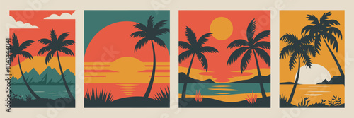 Tropical beach retro poster depicting palm trees, scenic mountains, and colorful sunset horizon in classic 70s and 80s vintage travel illustration style
