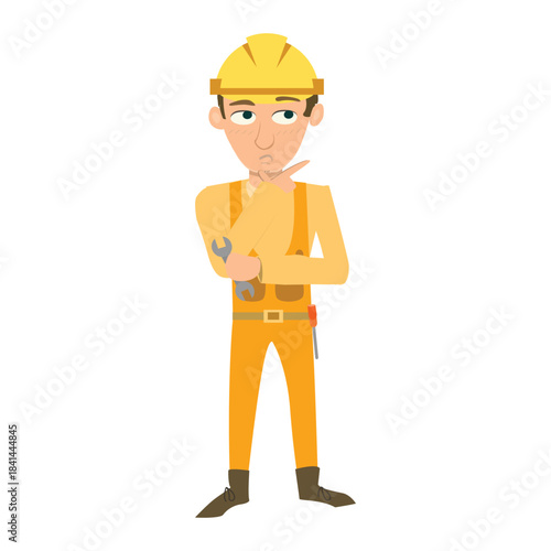 Thoughtful construction worker with hand on chin, planning a project or repair