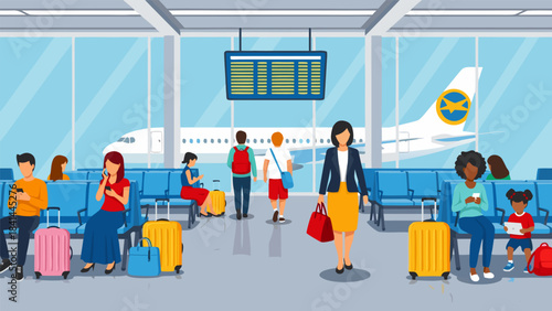 People waiting in an airport departure lounge with luggage, an airplane visible through the window, and a flight information board.