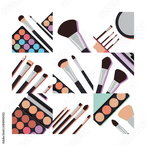 Assorted makeup brushes and eyeshadow palettes in flat design cosmetic.
