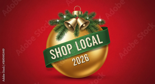 Gold ornament with pine sprigs and bells on a red background, promoting shopping local in 2026, symbolizing festive holiday spirit and community support