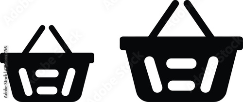 Two black, modern shopping basket icons of different sizes, representing commerce, online shopping, purchasing, and retail for e-commerce websites and mobile applications.