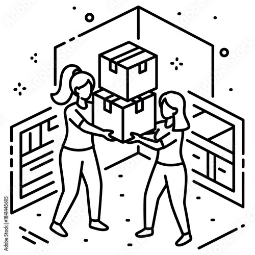 Female movers organizing boxes in storage room line art illustration