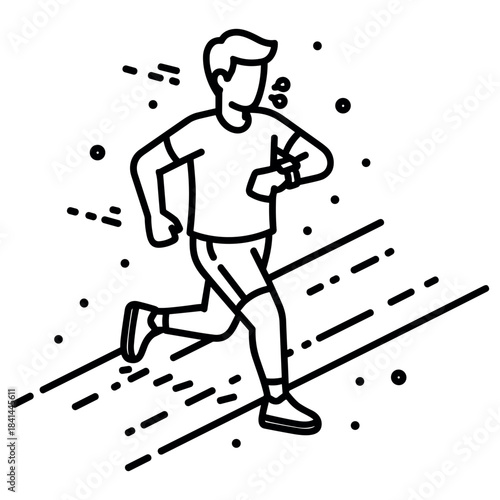 Outline illustration of a young male runner checking watch while jogging