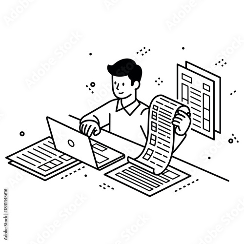 Young caucasian male using laptop for data analysis with spreadsheet