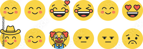 Diverse vector set of popular emoticons, including a laughing face, a cowboy, a blushing smile, a clown, and angry expressions, ideal for chat applications and social media graphics.
