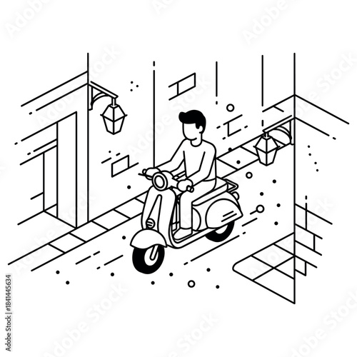 Asian adult male riding scooter in urban alley line art