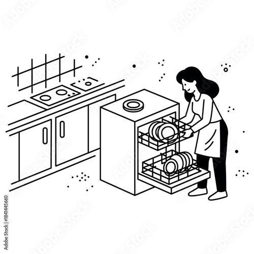 Asian female adult loading dishwasher in modern kitchen line art illustration