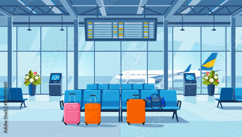 Empty airport waiting lounge with luggage and an airplane visible through large windows.