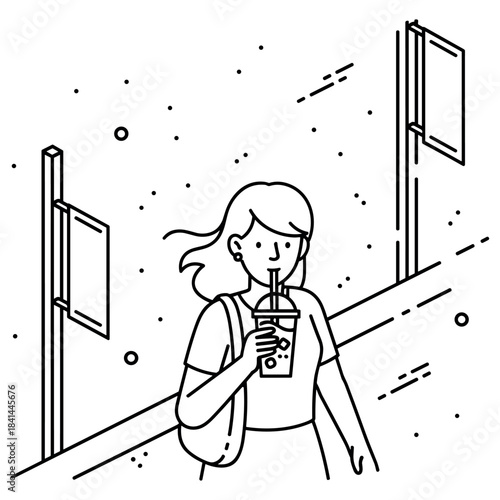 Young asian female enjoying bubble tea while strolling in urban area