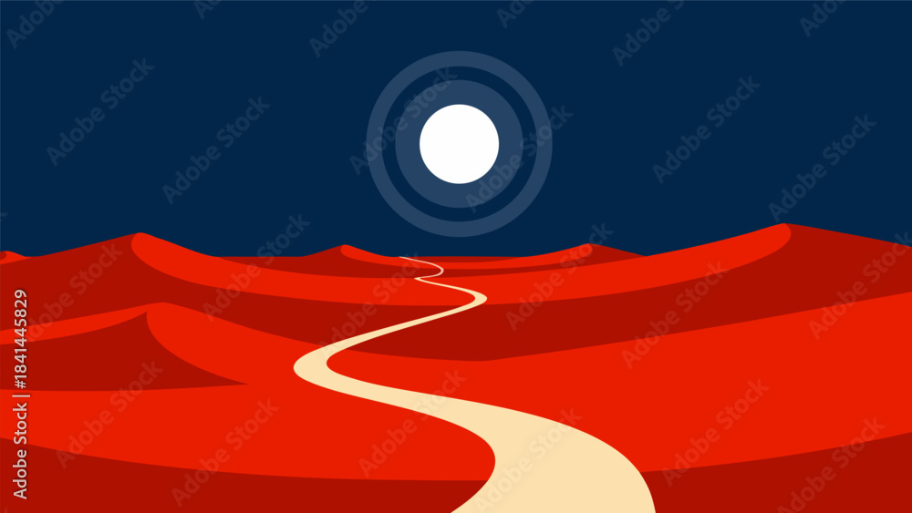 Obraz premium A minimalist graphic illustration of a winding path through red desert dunes under a dark blue sky with a bright moon.