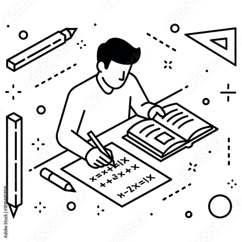 Young asian male studying mathematics with geometric elements
