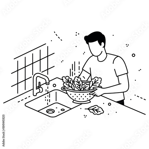 Line art of young male washing vegetables in kitchen sink