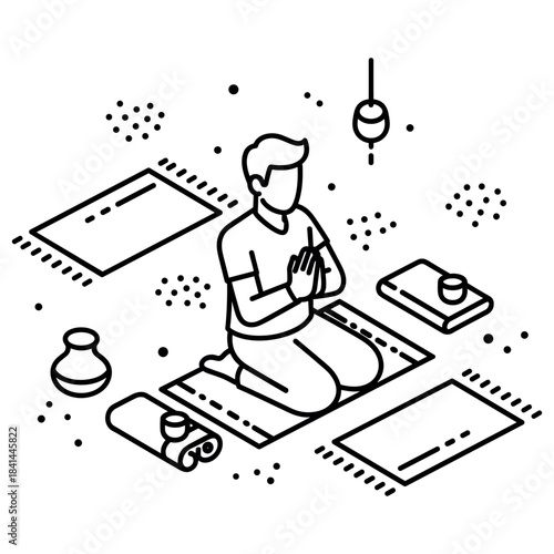 Caucasian male adult praying on prayer rug in minimalistic line art illustration
