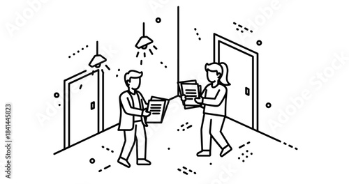 Male and female figures collaborating in office environment line art