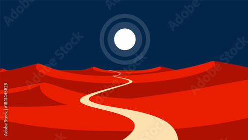 A minimalist graphic illustration of a winding path through red desert dunes under a dark blue sky with a bright moon.