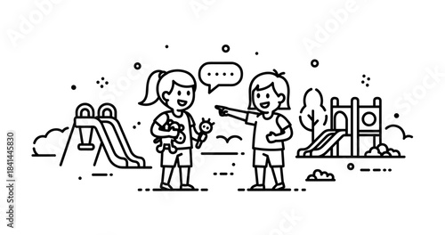 Cartoon illustration of children playing in a park with playground equipment