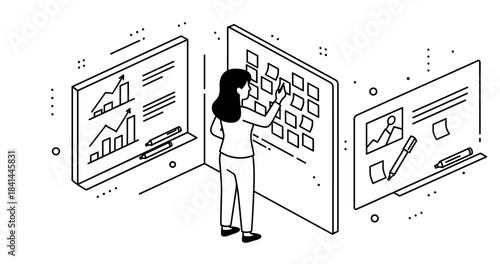 Female professional organizing tasks on kanban board in office environment
