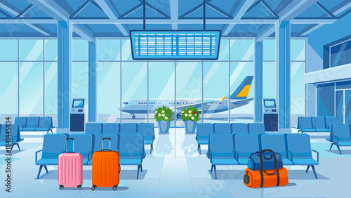 Empty airport departure lounge with an airplane visible through large windows, featuring rows of blue seats, luggage, and self-service kiosks.