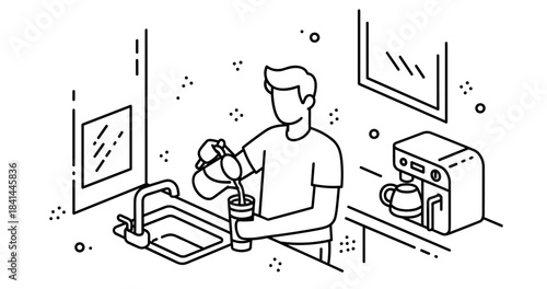 Line art of male preparing coffee in kitchen with coffee maker and sink