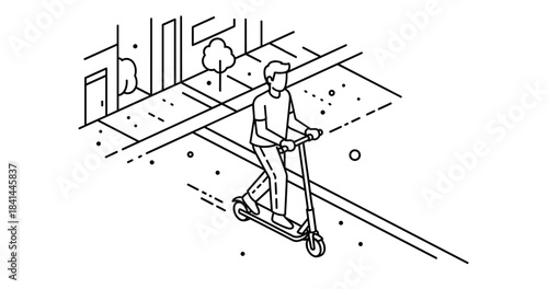 Young caucasian male riding electric scooter on urban street in simple line drawing