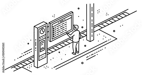 Isometric illustration of person checking train schedule on platform