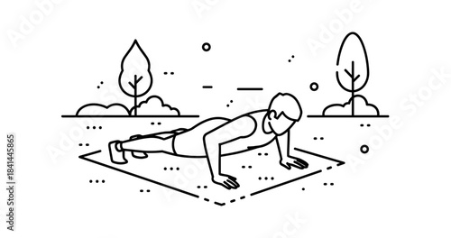 Male exercising outdoors: fitness push-up silhouette in nature