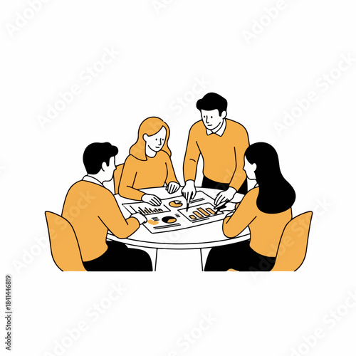 Vector Line-Art Group Reviewing Charts and Graphs Around a Round Table – Illustration