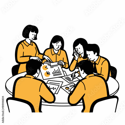 Vector Line-Art Group Reviewing Charts and Graphs Around a Round Table – Illustration