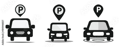 Three Parking Sign Variations: Square, Rectangle, and Location Pin Icons, with Cars Below