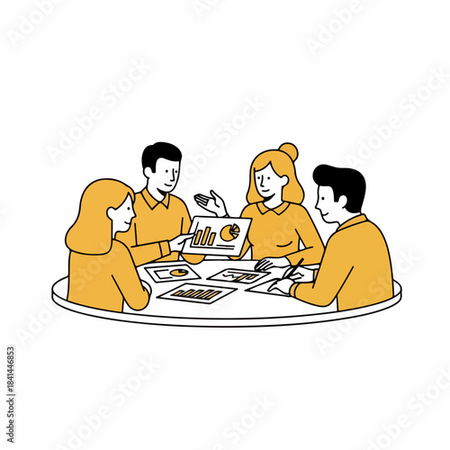 Vector Line-Art Group Reviewing Charts and Graphs Around a Round Table – Illustration