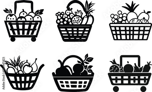 Fruit Basket Silhouette Vector. Minimalist Grocery Cart and Fresh Produce Icons for Market, Organic Food, and Healthy Lifestyle Designs.