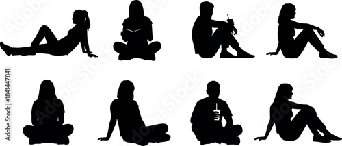 Diverse Group of Sitting People Silhouettes Vector Set, Relaxing Outdoors, Reading, and Drinking, Men and Women Figures Graphic for Architectural Scale, Leisure, and Design Element.