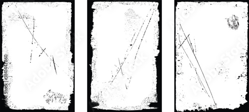Border frames vector set,  rough edges, scratches for poster design. Rectangular frame template collection . distress texture . Grunge frame borders isolated on the background . Rough edges effect . 