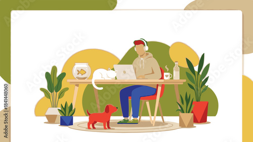 Person working from home with pets and plants, remote work illustration