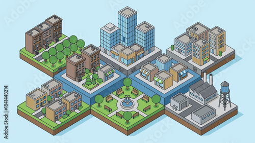 Isometric Urban Landscape Illustration with Diverse City Districts
